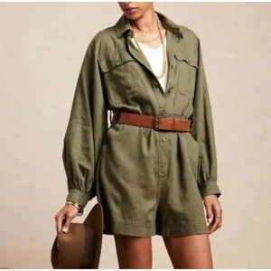 Banana Republic Linen Romper Large Womens Green Balloon Sleeve Safari Bohemian